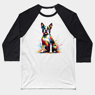 Lively Boston Terrier in Vivid Splash Art Style Baseball T-Shirt